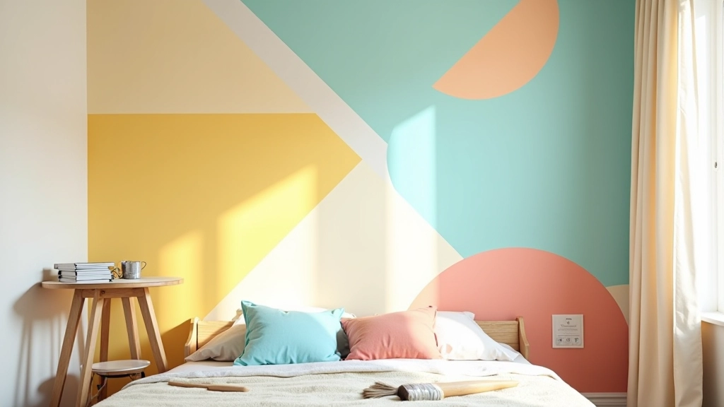 Parede de quarto sendo pintada com cores vibrantes e padrões geométricos simples
