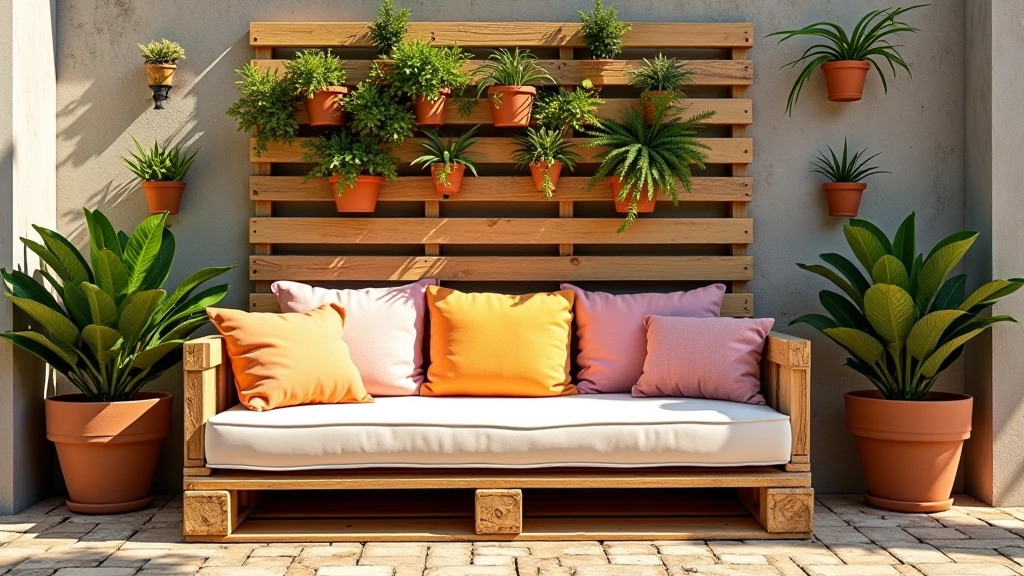 Várias ideias criativas de upcycling com paletes: sofá com almofadas, jardim vertical, parede decorativa com plantas