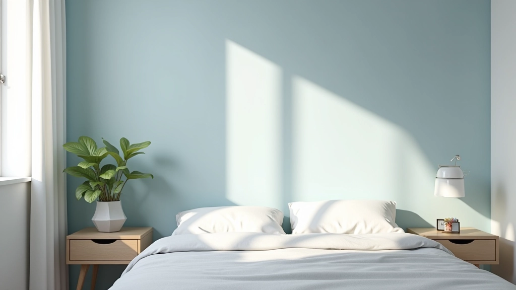 Quarto após renovação completa com parede pintada em cor cinzento-azulado, móveis organizados e iluminação natural destacando a nova cor