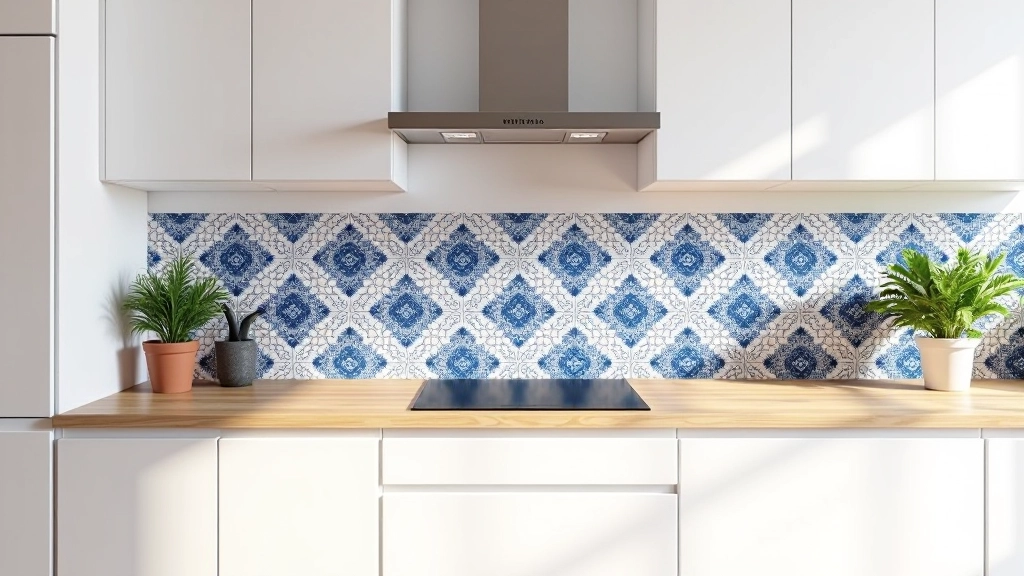 Cozinha renovada com painel de azulejos tradicionais portugueses como backsplash, ambiente acolhedor e bem iluminado