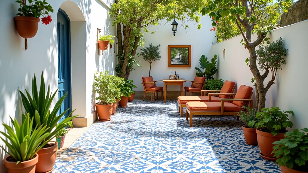 Pátio exterior português com piso de azulejos decorativos tradicionais em padrão azul e branco, plantas em vasos, atmosfera acolhedora