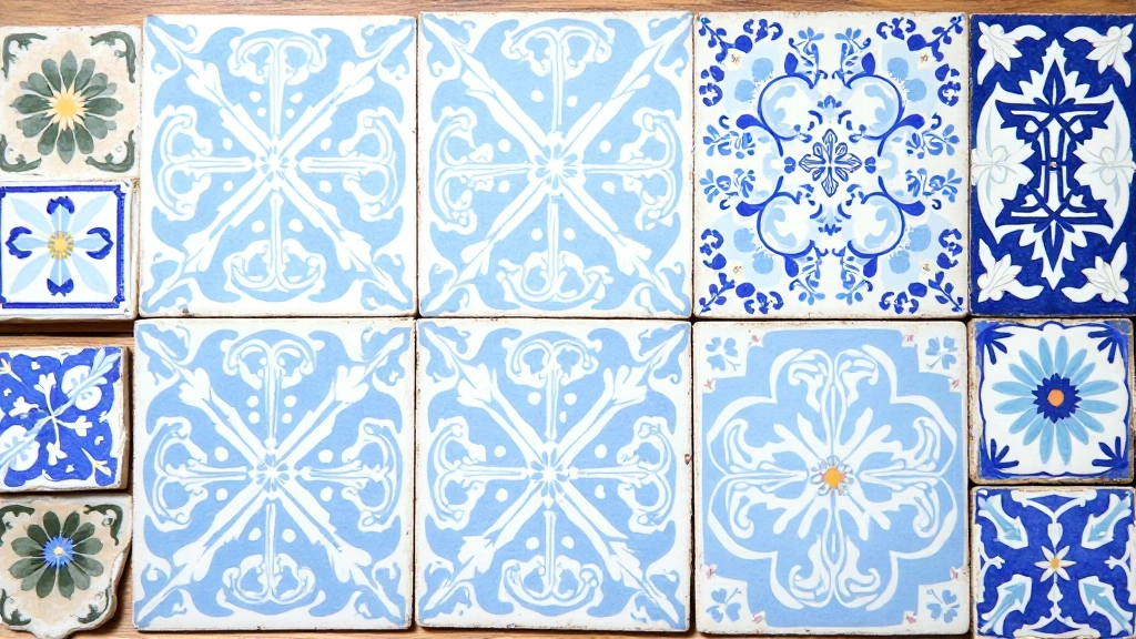 Diferentes padrões de azulejos portugueses tradicionais exibidos lado a lado, mostrando designs geométricos, florais e narrativos