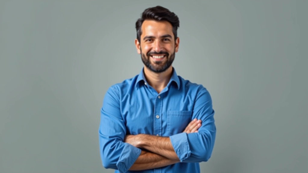 Retrato profissional de homem sorridente, camiseta azul, braços cruzados, escritório moderno com iluminação clara