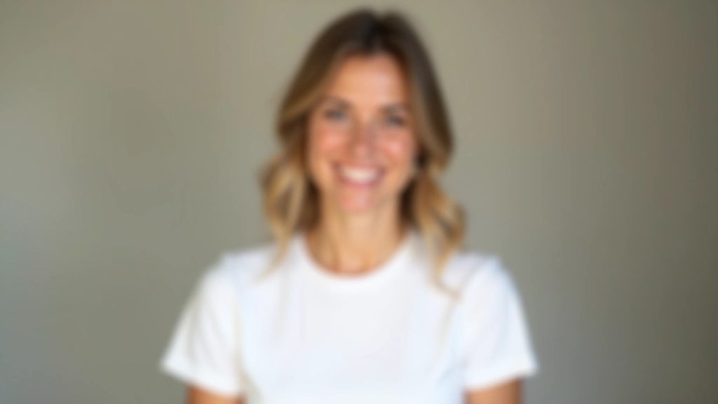 Retrato profissional de mulher sorridente, camiseta branca, ambiente de estúdio com iluminação natural