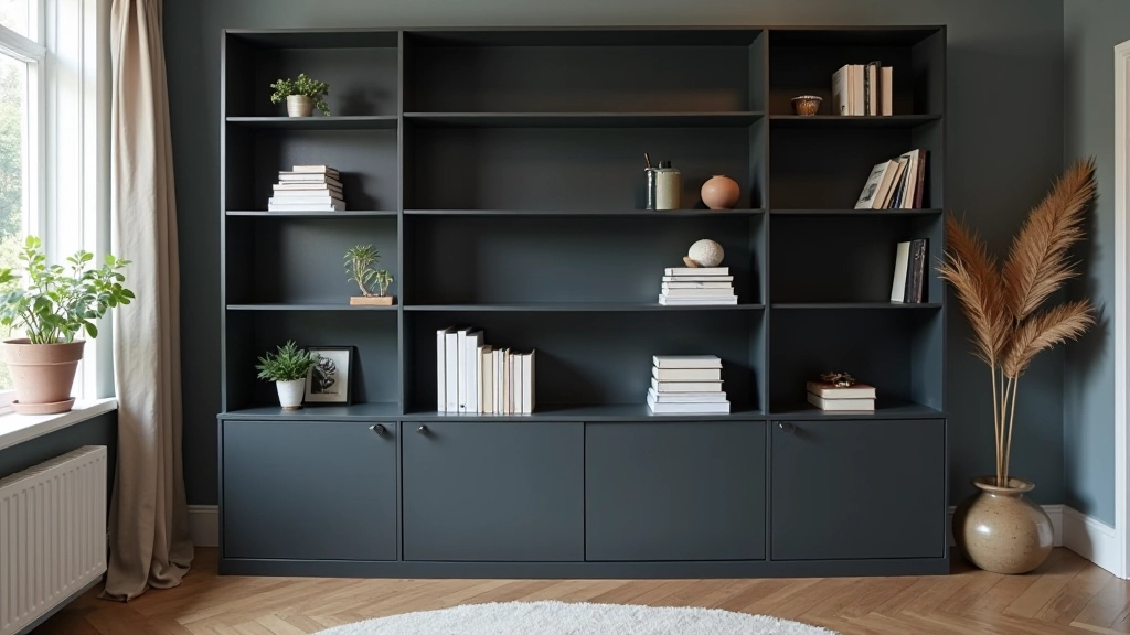 Estante de madeira pintada em cinzento chumbo profundo, estilo moderno industrial, decorada com livros e objetos