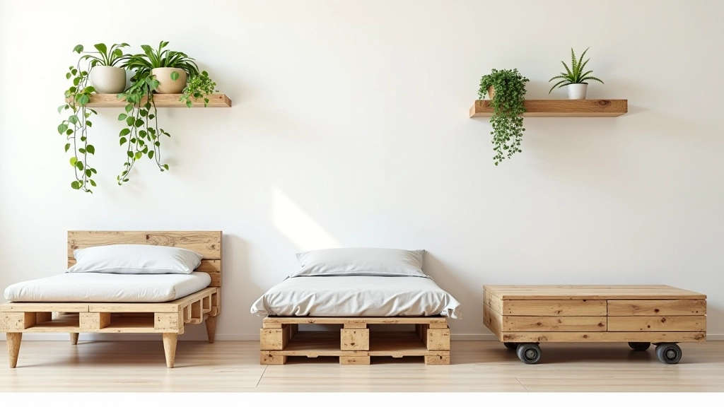 Diferentes projetos de upcycling com paletes: estante de parede, cama elevada e mesa de café feitas de madeira reciclada