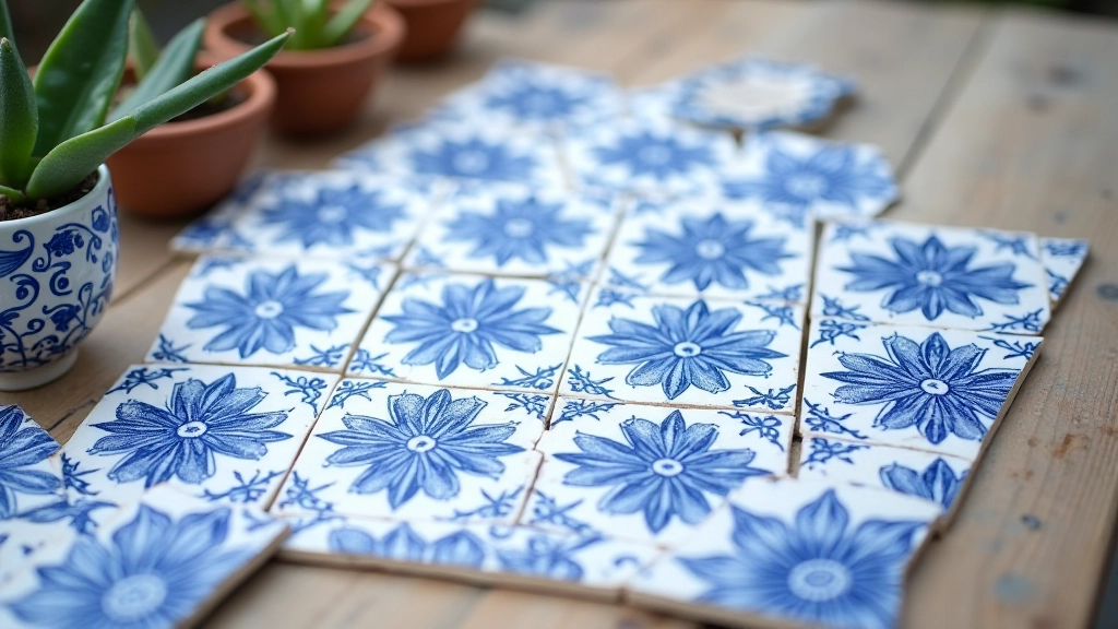 Azulejos decorativos portugueses em tons de azul e branco, dispostos numa bancada