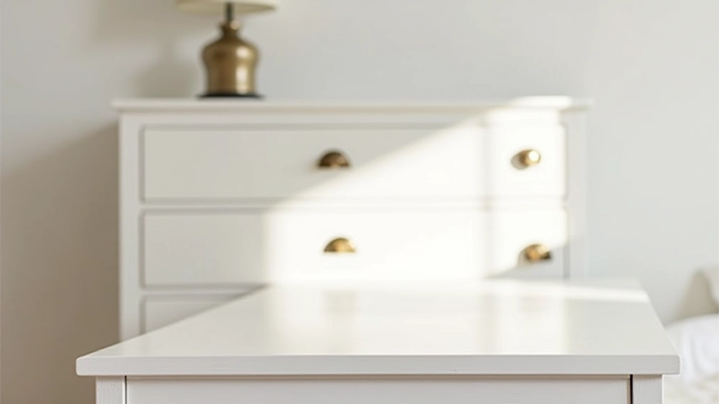 Cómoda de madeira antiga restaurada em branco puro com hardware de latão, mesa de quarto elegante e minimalista