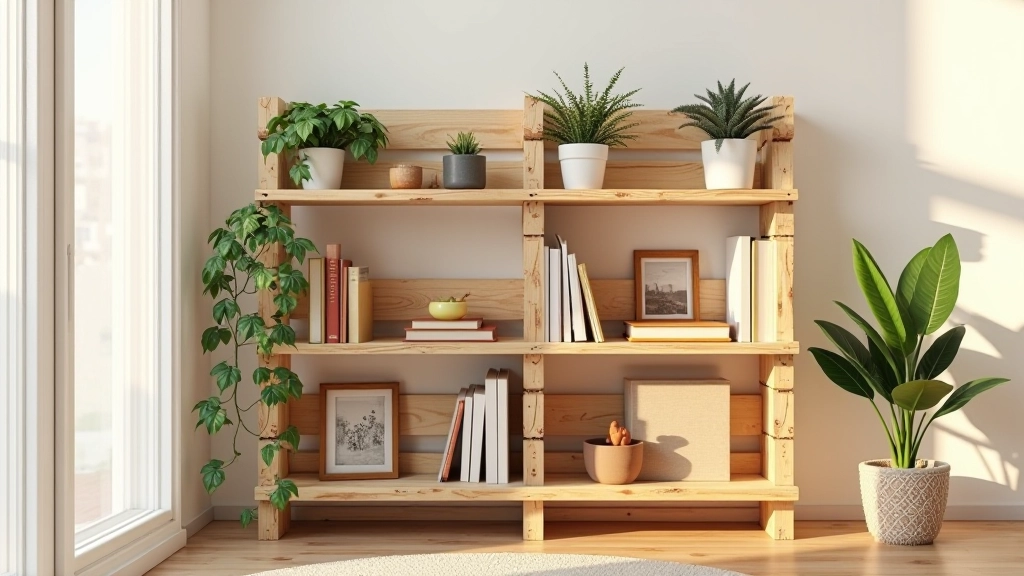 Estante de madeira feita a partir de paletes recicladas, com plantas e livros