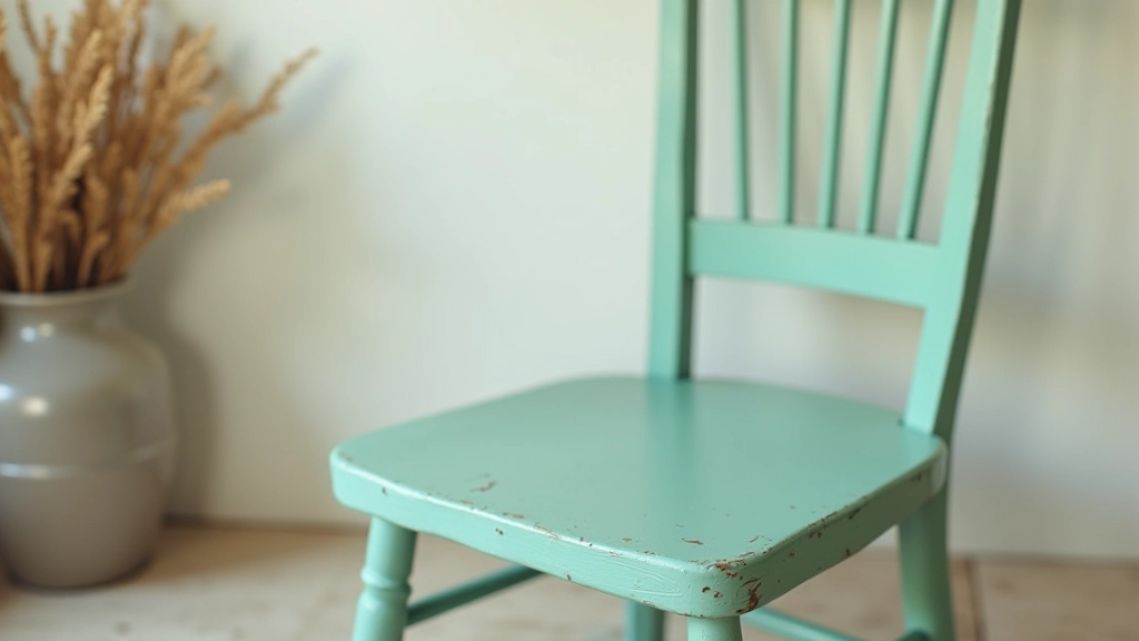 Cadeira de madeira antiga pintada em cor turquesa pastel, estilo vintage moderno, ambiente de sala de estar acolhedor